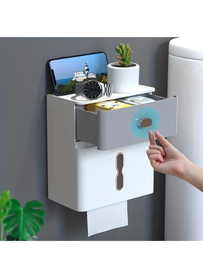 رفرف تخزين حمام أبيض مزدوج الطبقات مثبت على الحائط بحامل مناديل كبير السعة - Image 1